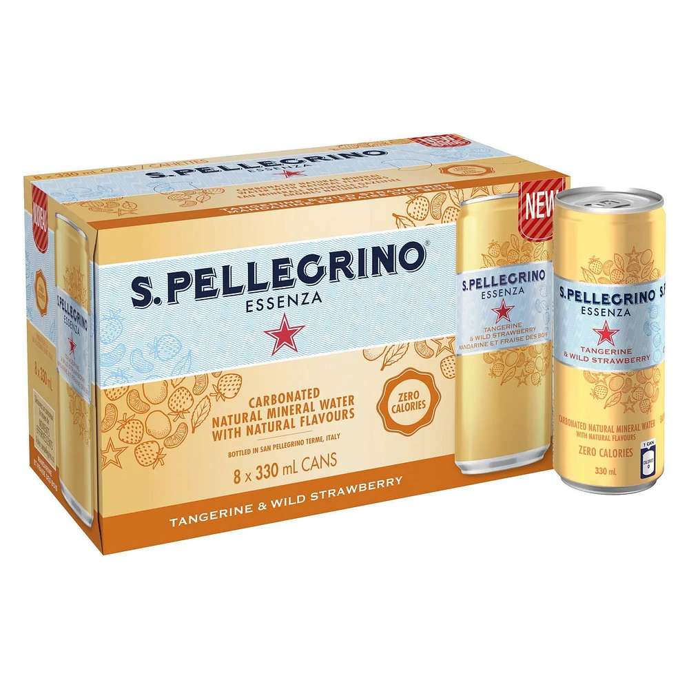 SAN PELLEGRINO ESSENZA Sparkling Water Tangerine & Wild Strawberry, 8 x 330mL Cans