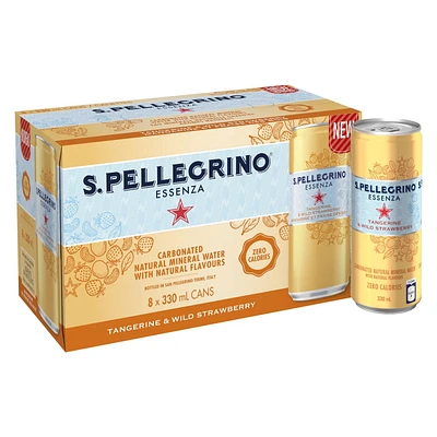 SAN PELLEGRINO ESSENZA Sparkling Water Tangerine & Wild Strawberry, 8 x 330mL Cans