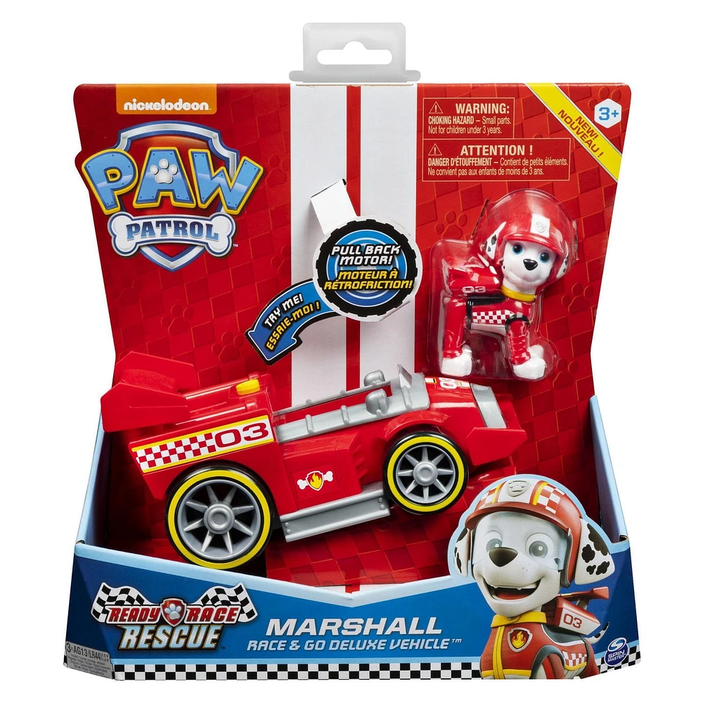 PAW Patrol, Ready, Race, Rescue, Véhicule de luxe Race & Go de Marcus avec effets sonores, pour les enfants à partir de 3 ans