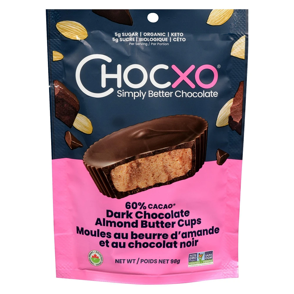 Chocxo Organic Dark Chocolate Almond Butter Cups, 60% Cocao, 98g