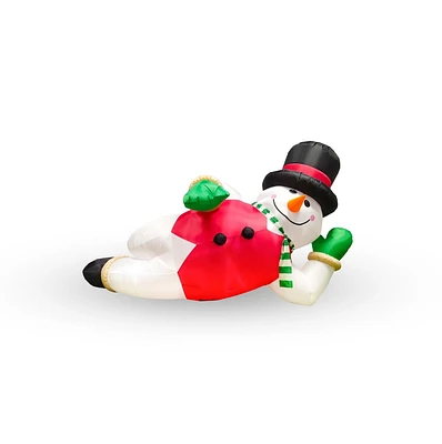 Inflatable led light up reclining snowman with top hat, white/red/black, 9 FT