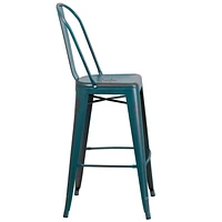 Tabouret de bar en métal vieilli bleu-sarcelle Kelly de 30 pouces de hauteur pour l'intérieur et l'extérieur avec dossier