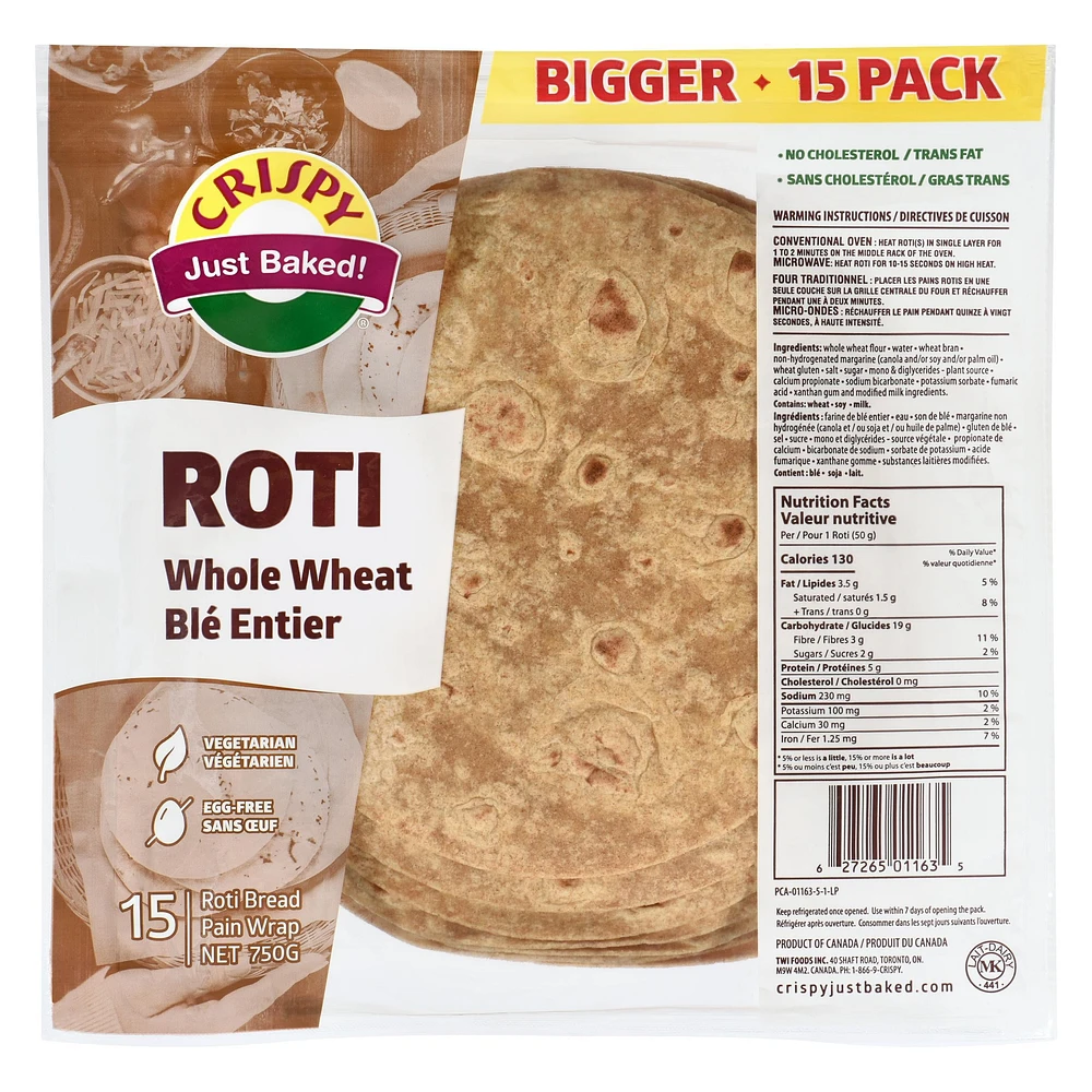 Whole Wheat Roti 15P, 750G/ 15 Count