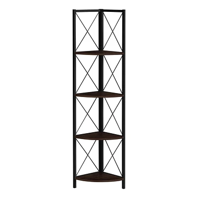 Monarch Specialties Bookshelf, Bookcase, Etagere, Corner, 4 Tier, 60"h, Office, Bedroom, Metal, Laminate, Brown, Black, Contemporary, Modern
