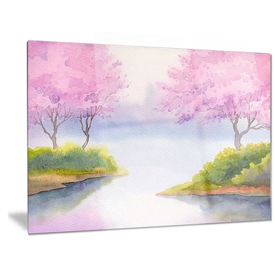 Art mural paysage en métal Design Art Arbres en fleurs sur le lac