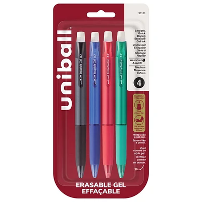 uniball™ Stylos gel effaçables rétractables, pointe moyenne (0,7 mm), couleurs commerciales, paquet de 4 Stylos gel effaçables