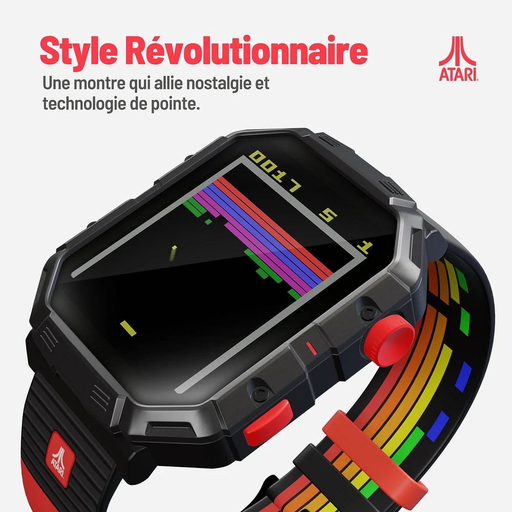 Montre My Play Watch Atari 2600™ – Montre intelligente de jeu rétro avec technologie sélective, non connectée, jeux Centipede™, Pong™, Missile Command™, Super Breakout™ intégrés, moniteur d’activités