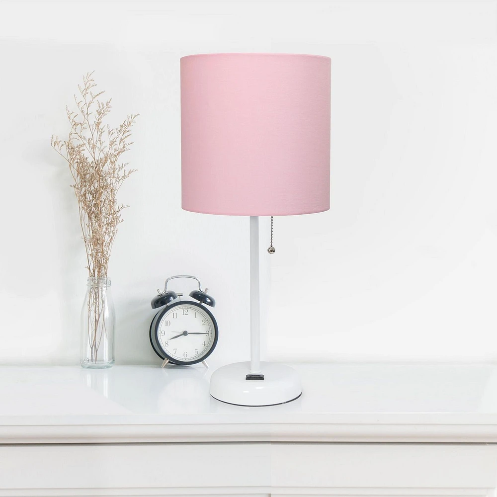 LimeLights White Stick Lamp with Charging Outlet and Fabric Shade 2 Pack Set
