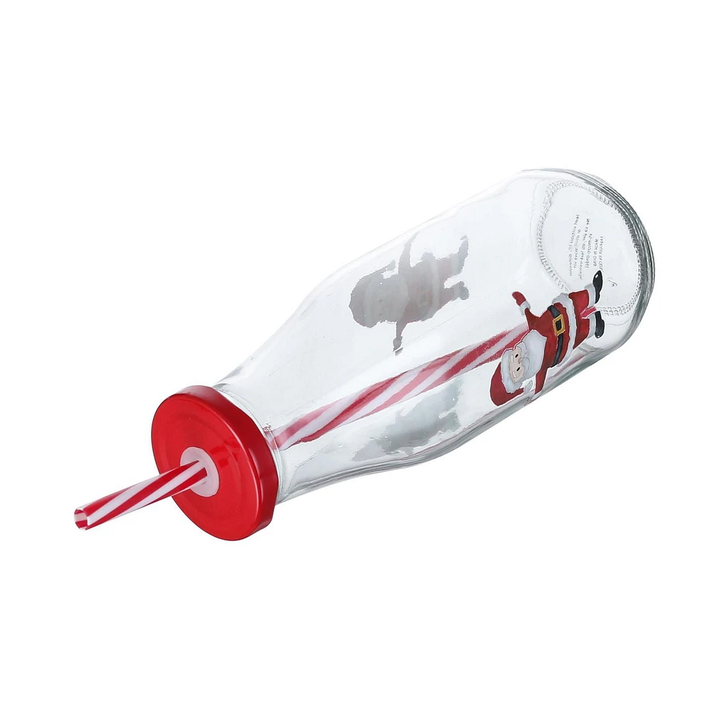 HOLIDAY TIME 14.88 oz Glass Bottle with red lid & straw<br>XMAS DESIGN PATTERN - SANTA