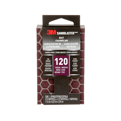 3M™ SandBlaster™ Ultra Flexible Sanding Sponge 20908-120-UFS, Dust Channelling, 120 Grit, 4 1/2 x 2 1/2 x 1 in, 1/Pk