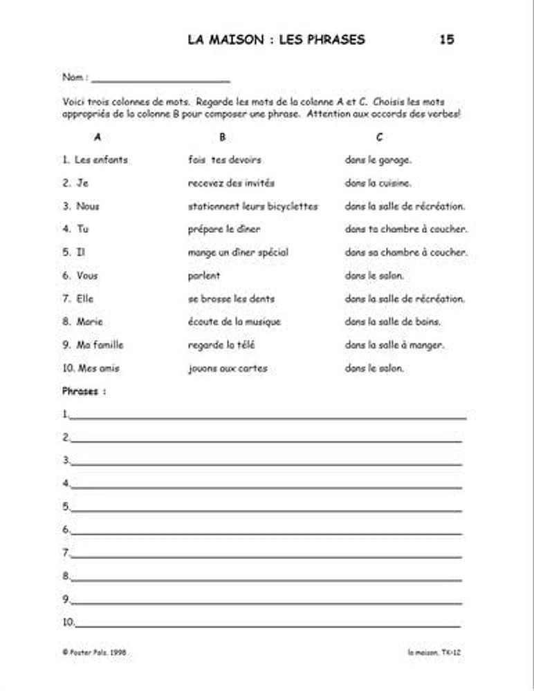 Activités reproductibles en français pour la classe de FLS sur la maison