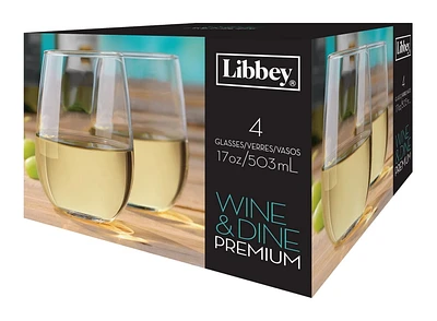 Libbey Glass Wine & Dine Premium Stemless Wine Set - White, Set of 4. 17 oz/503 ml