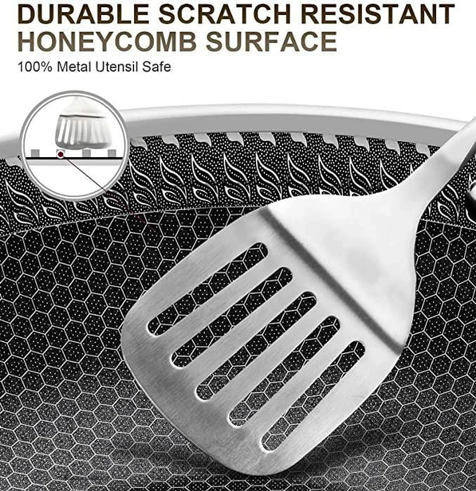 Sunwealth ALMOST NON-STICK  7-Layer 18/8 Stainless Steel Full Honeycomb Wok with Free-standing Glass Lid.