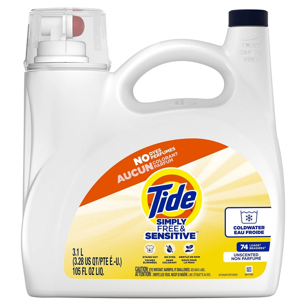 Détergent à lessive liquide Tide Simply, parfum Pur et sensible, 74 brassées, 3,1 L (105 oz liq.)