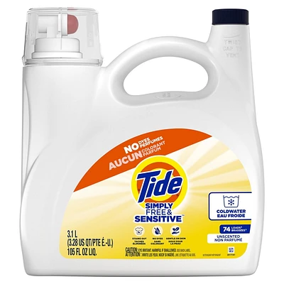 Détergent à lessive liquide Tide Simply, parfum Pur et sensible, 74 brassées, 3,1 L (105 oz liq.)