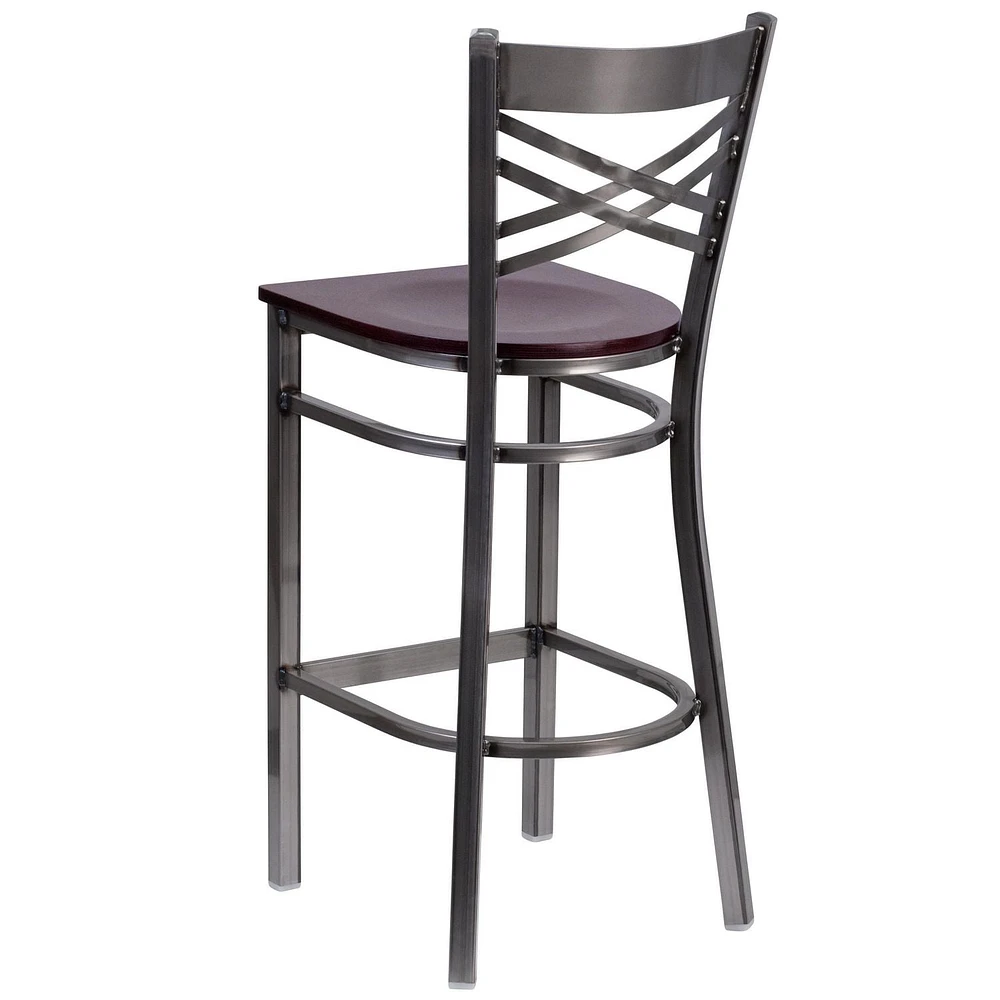 Lot de 2 pièces - Tabouret de bar en métal à dossier en «X» enduit lustré - siège en bois d'acajou