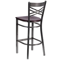 Lot de 2 pièces - Tabouret de bar en métal à dossier en «X» enduit lustré - siège en bois d'acajou