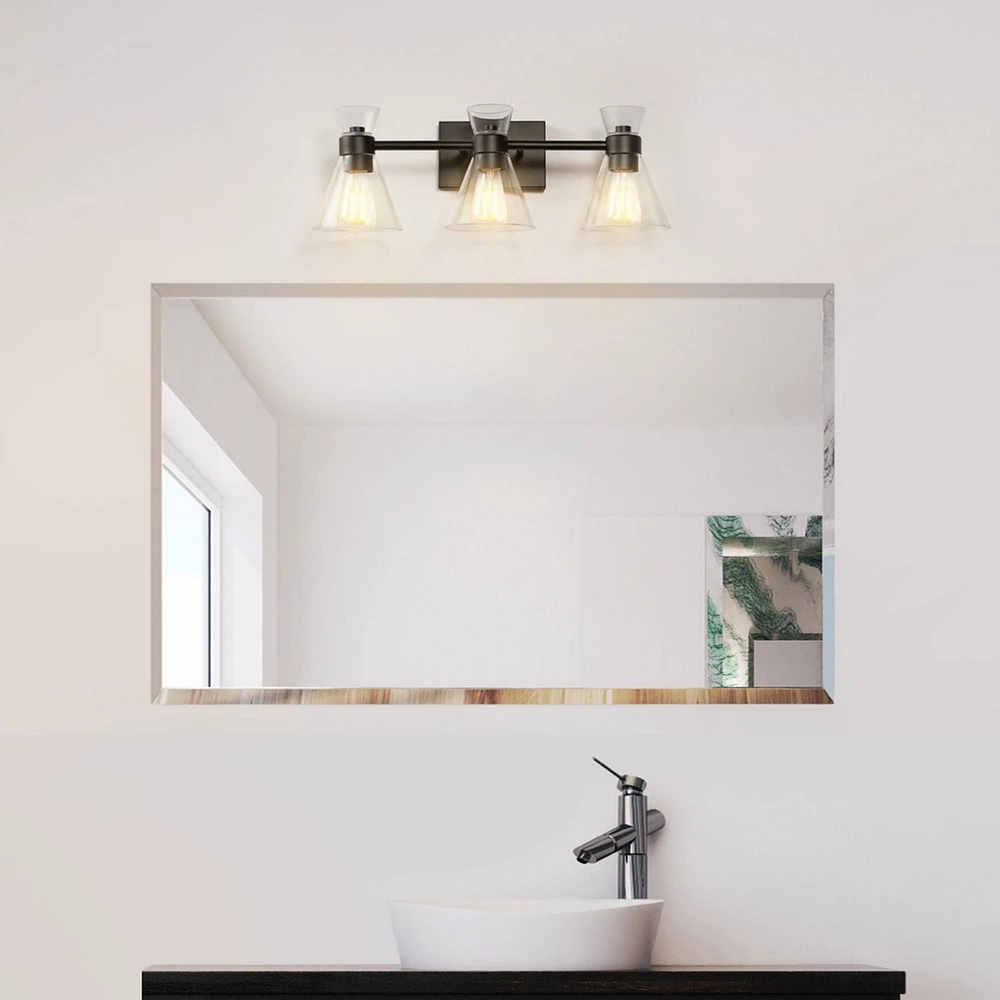 Applique murale à 3 ampoules noir mat avec abat-jours en verre transparent