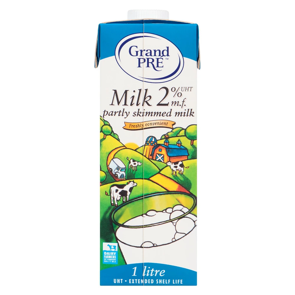 GRAND PRE UHT MILK 2%, GRAND PRE 2% Ultra Haute Température, ce lait reste frais jusqu’à 9 mois . Notre produit est fabriqué avec du lait Canadien pur a 100%. Vous pouvez conserver ce produit à la température de la pièce jusqu’à 9 mois