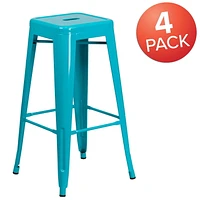 Tabouret de bar de qualité commerciale, de 30 po sans dossier en bleu-sarcelle cristal pour l'intérieur et l'extérieur - 4 pièces