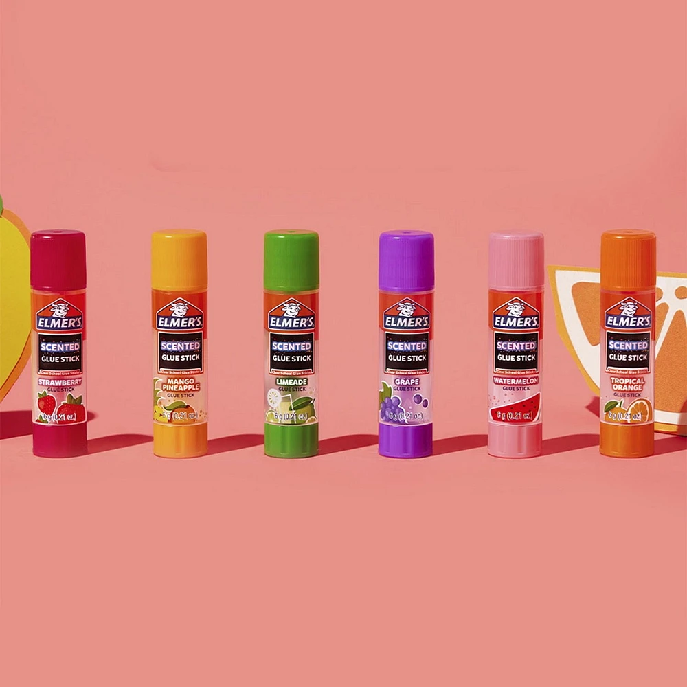Bâtons de colle parfumée Elmer's, colle scolaire sûre et non toxique, 30 unités (6 g chacune) 6 parfums amusants et excitants