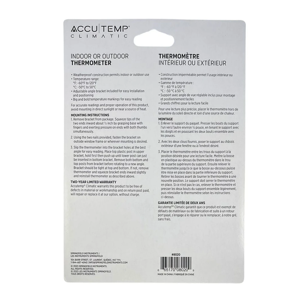 Accutemp Indoor or Outdoor Thermometer, Bracket Included, Temperature Readings in Celsius  °C and Fahrenheit and °F, Round, Weatherproof construction