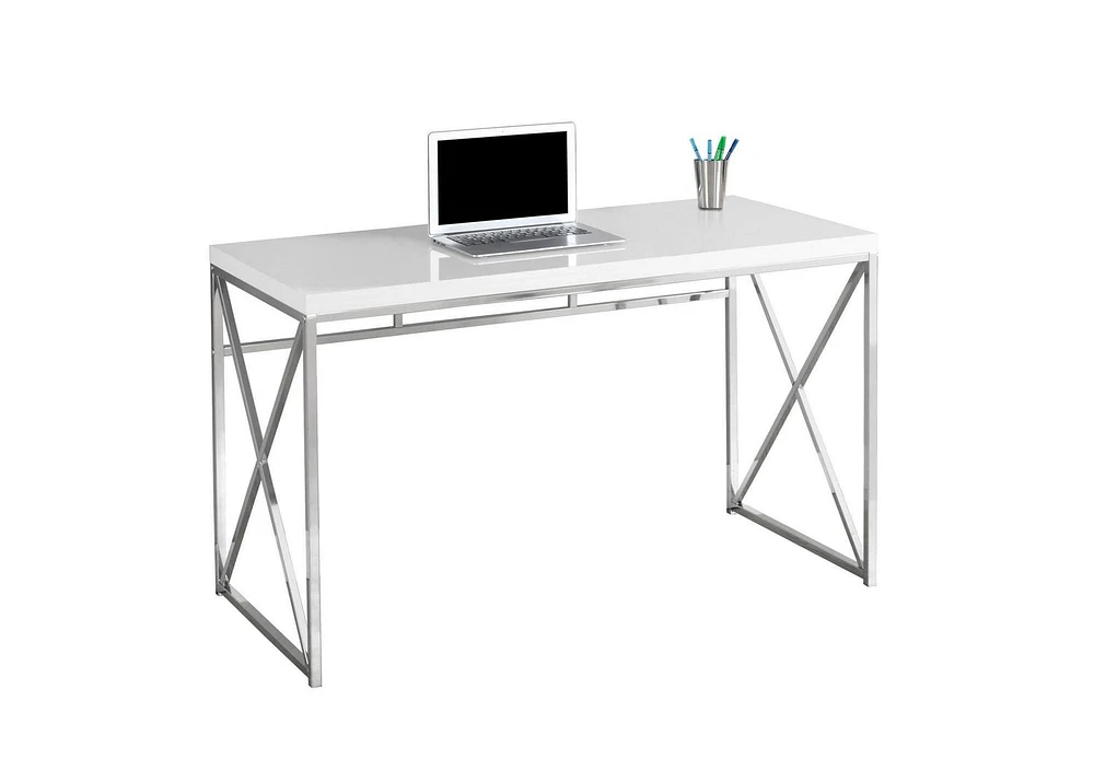 Monarch Specialties Bureau, Bureau À Domicile, Ordinateur Portable, Travail, Métal, Stratifié, Blanc Lustré, Chrome, Contemporain, Moderne