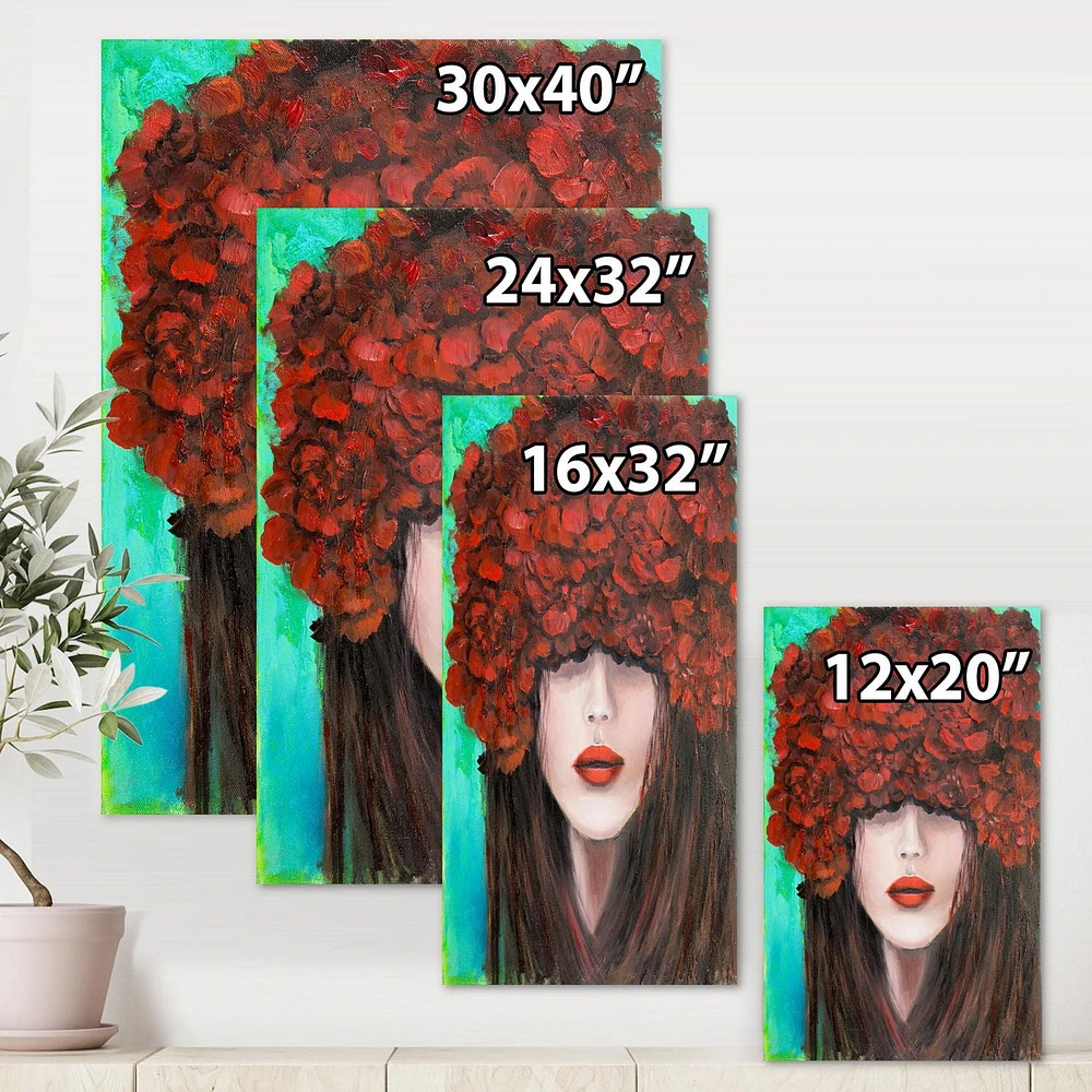 Designart Portrait d'une jeune femme aux fleurs rouges Art mural sur toile