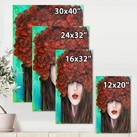 Designart Portrait d'une jeune femme aux fleurs rouges Art mural sur toile