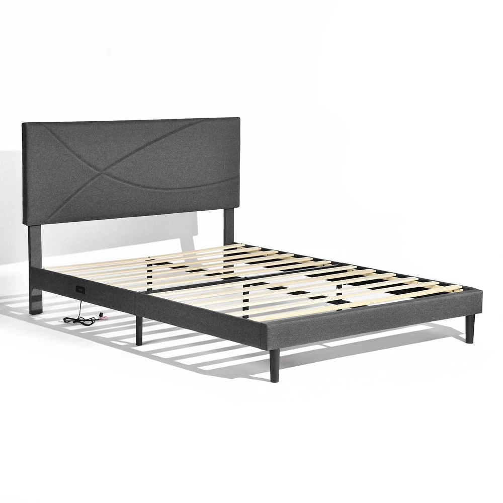 Homy Casa Lit Plateforme Rembourré avec Éclairage LED, Station de Charge USB, Tête de Lit Réglable, Sans Sommier Requis