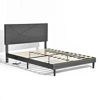 Homy Casa Lit Plateforme Rembourré avec Éclairage LED, Station de Charge USB, Tête de Lit Réglable, Sans Sommier Requis