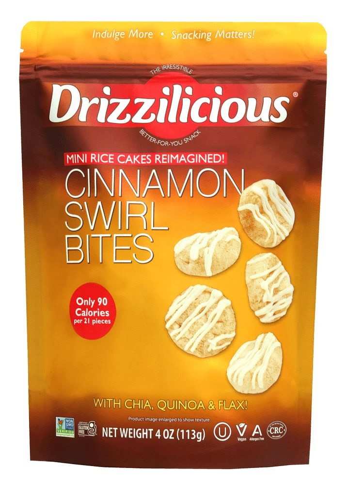 Drizzilicious, Cinnamon Swirl Bites, <ul>
<li>A smart little snack you can feel really good about</li>
<li>All Natural, Gluten Free, Non-GMO</li>
<li>Vegan, No MSG, Peanut Free</li>
<li>Tree Nut Free, No Preservatives, Nothing Artificial</li>
<li>Cholesterol Free, No Trans Fat, Kosher</li>
</ul>