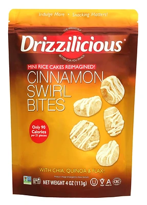 Drizzilicious, Cinnamon Swirl Bites, <ul>
<li>A smart little snack you can feel really good about</li>
<li>All Natural, Gluten Free, Non-GMO</li>
<li>Vegan, No MSG, Peanut Free</li>
<li>Tree Nut Free, No Preservatives, Nothing Artificial</li>
<li>Cholesterol Free, No Trans Fat, Kosher</li>
</ul>