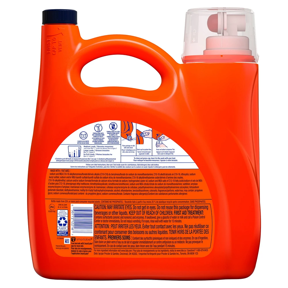 Détergent à lessive liquide Tide Propreté hygiénique, parfum original, compatible avec les laveuses HE 3.9L