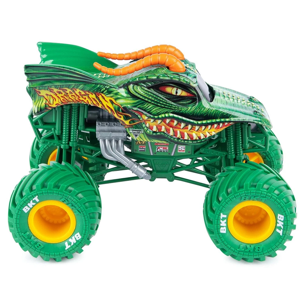 Monster Jam, Monster truck Dragon officiel, véhicule en métal moulé à collectionner, échelle 1:24, Jouets pour garçons à partir de 3 ans