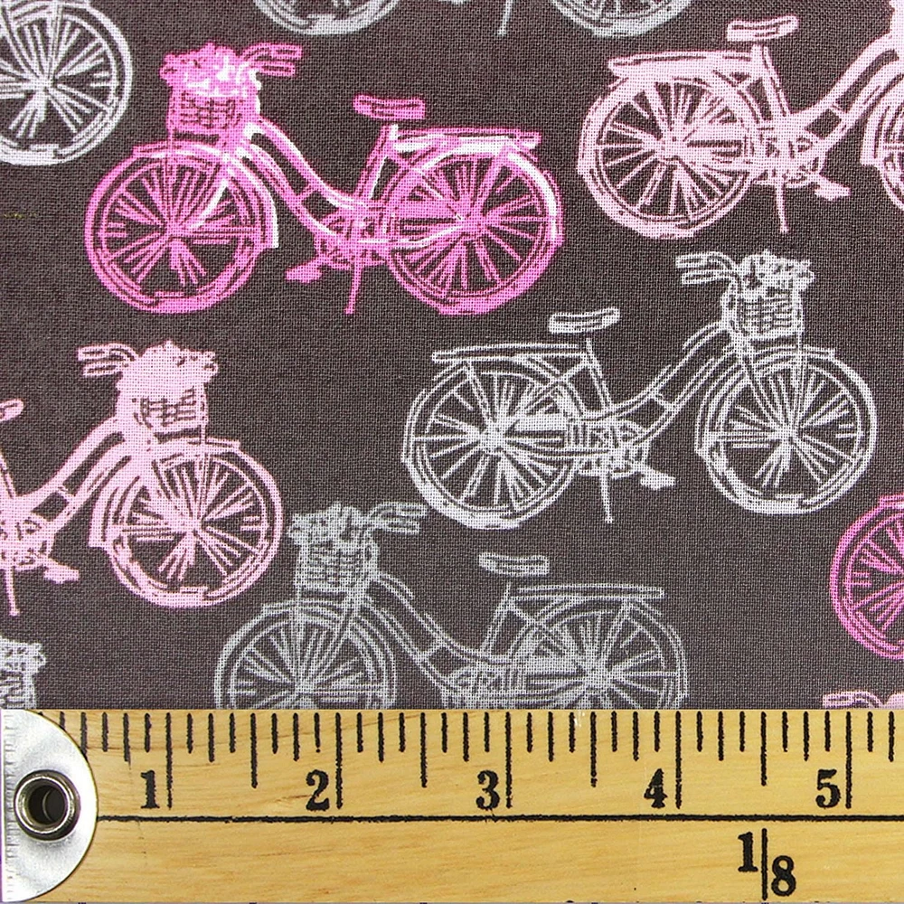 Fabric Creations Brown with Pink and Grey Bicycles Fat Quarter Pre-Cut Fabric - 18" x 21" / 45cm x 53cm, 18" x 21" / 45cm x 53cm