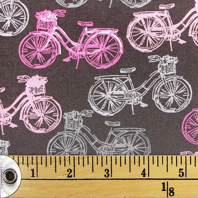 Fabric Creations Brown with Pink and Grey Bicycles Fat Quarter Pre-Cut Fabric - 18" x 21" / 45cm x 53cm, 18" x 21" / 45cm x 53cm