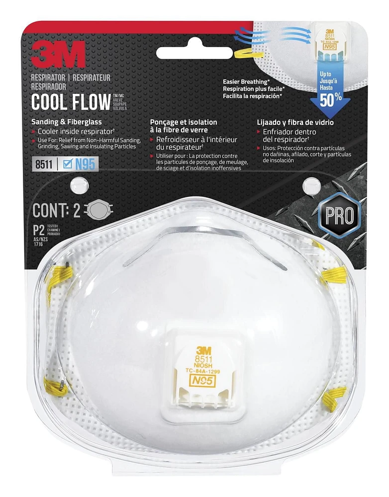 Appareil de protection respiratoire 8511H2-DC-PSCA 3M(MC) de Série Pro, ponçage et fibre de verre, N95, avec soupape, 2/paquet Appareil 8511H2-DC-PSCA 3M(MC)