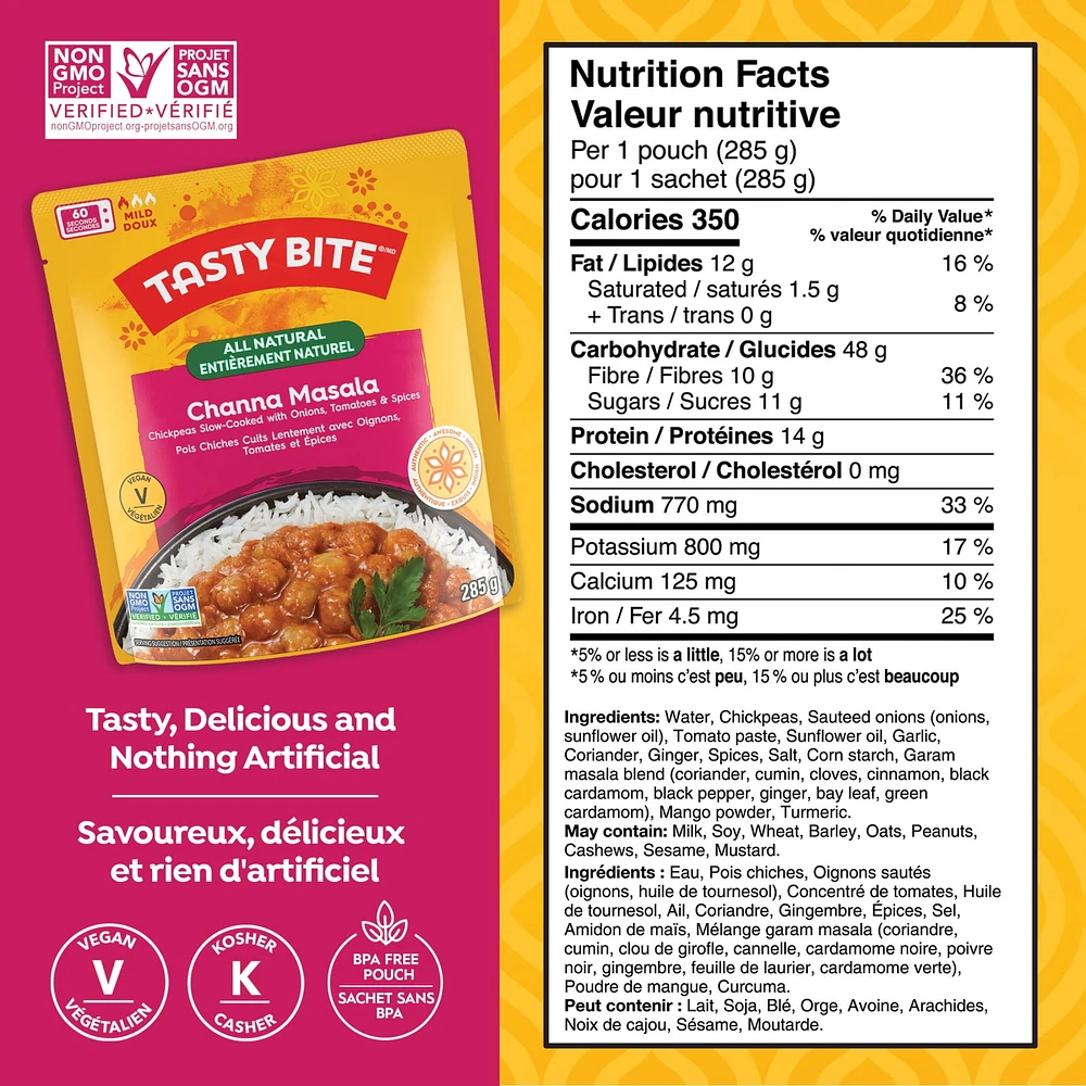 TASTY BITE CHANNA, TASTY BITE Channa Masala All Natural Indian Entrée, 285G