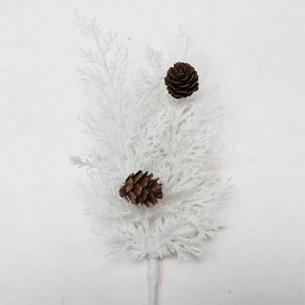 Holiday Time Branche Feuilles Blanches à Paillettes avec Pomme de Pin 9"