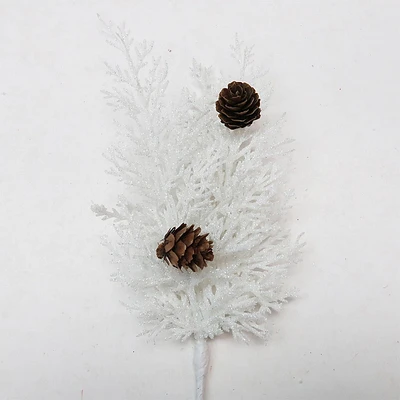 Holiday Time Branche Feuilles Blanches à Paillettes avec Pomme de Pin 9"