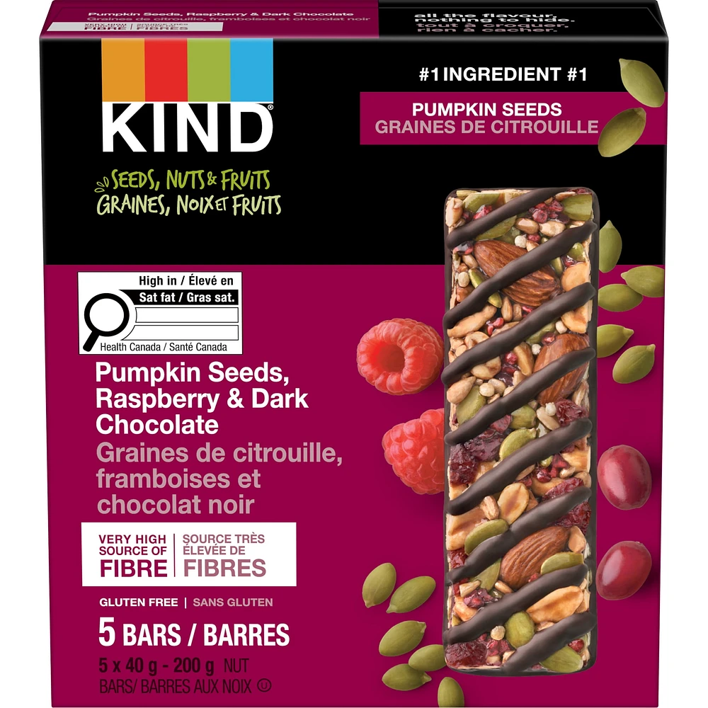 KIND Barres Graines, fruits et noix, Graines de citrouille, framboises et chocolat noir, 40 g, boîte de 5 unités Graines, Fruits et Noix Framboise