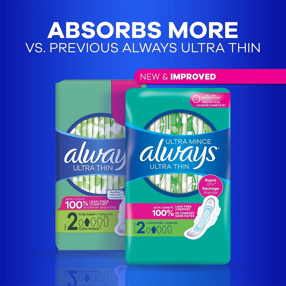 Serviettes féminines Always Ultra Thin, degré d’absorption régulier, avec ailes, pour femmes, taille1, non parfumées, 62serviettes 62CT