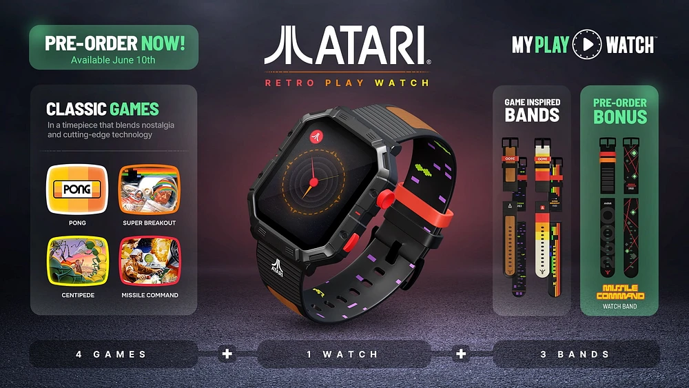 Montre My Play Watch Atari 2600™ – Montre intelligente de jeu rétro avec technologie sélective, non connectée, jeux Centipede™, Pong™, Missile Command™, Super Breakout™ intégrés, moniteur d’activités