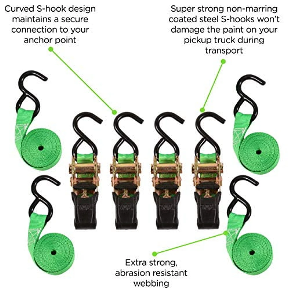 14' 1500 lb Padded Ratchet Tie Down 4 Pk Green, Pack of 4