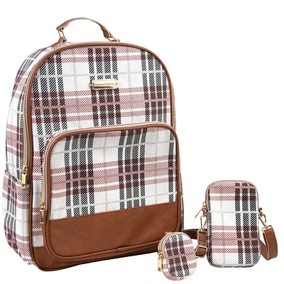 Madison & Dakota 3 Piece Multi-Pocket Backpack with Laptop Electronics Pocket, Removable Crossbody Cellphone Carrier and Removable AirPods Keychain Stash Pouch in Teal & Petal Pink Floral