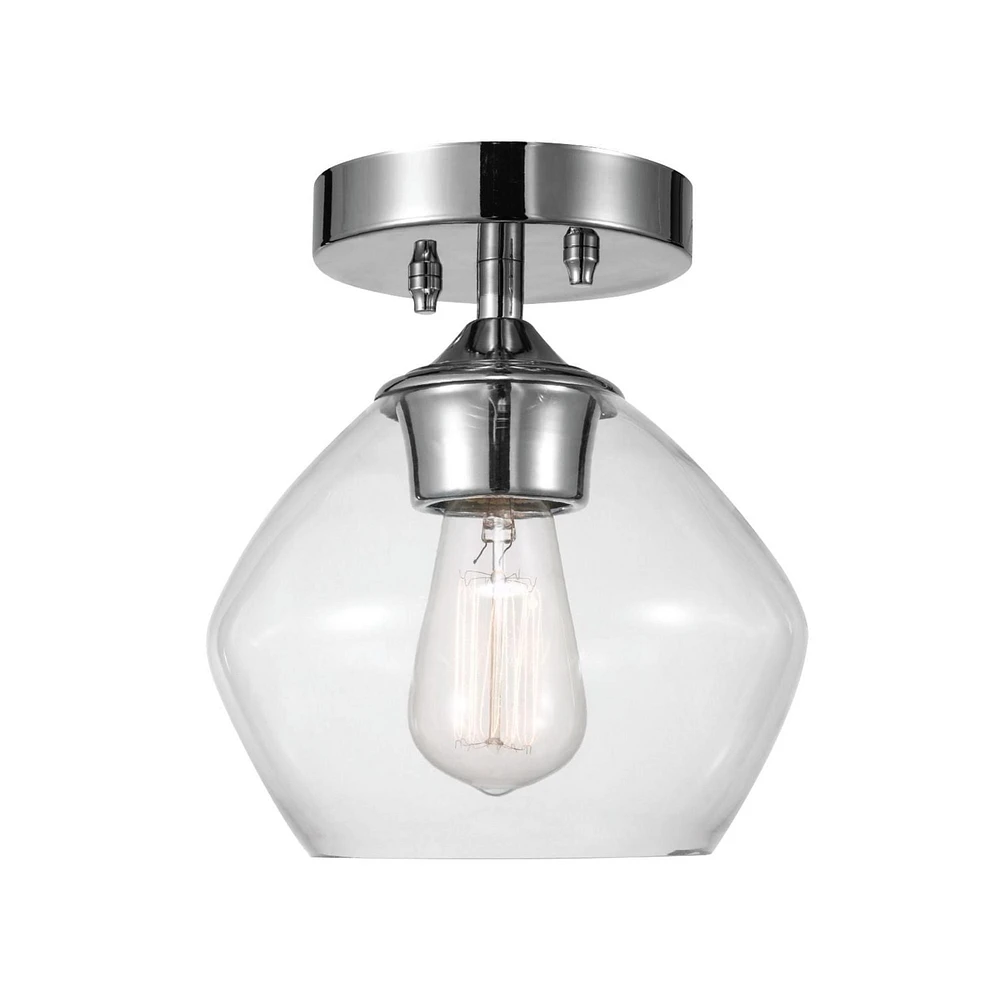 Plafonnier semi-encastré en métal à 1 lumière, collection Harrow par Globe Electric, de couleur chrome, abat-jour en verre transparent, 60875