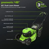 Greenworks 48V 20" Self-Propelled Mower, (2) 24V 5Ah USB Battery & Dual Charger
