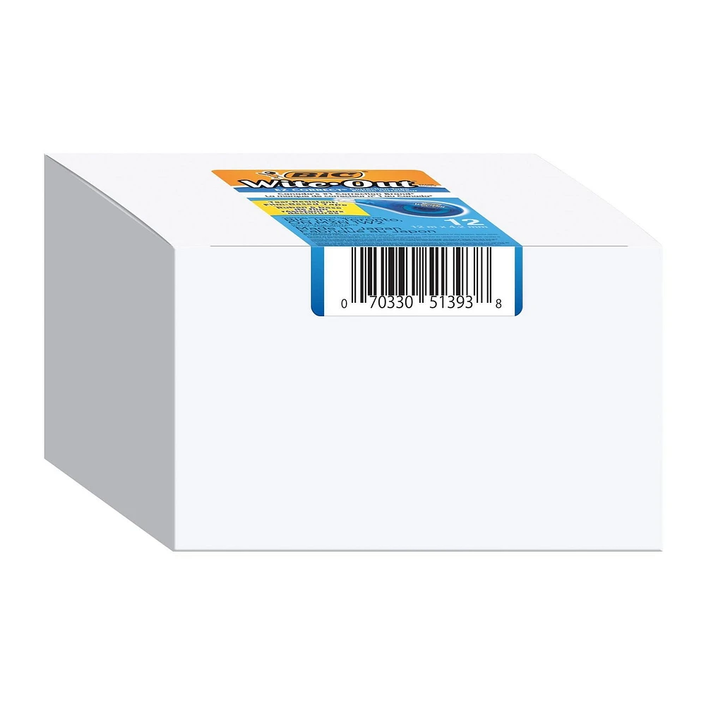Ruban correcteur BIC Wite-Out EZ Correct, 12 mètres, paquet de 12 rubans correcteurs blancs, ruban résistant à la déchirure, rapide, propre et facile à utiliser, fournitures scolaires ou de bureau