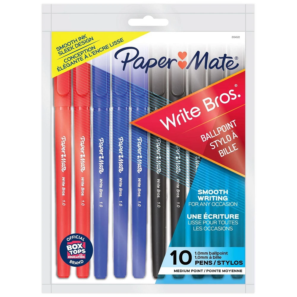 Stylos-bille Paper Mate Write Bros, encres assorties, pointe moyenne (1,0 mm), 10 unités 10 unités